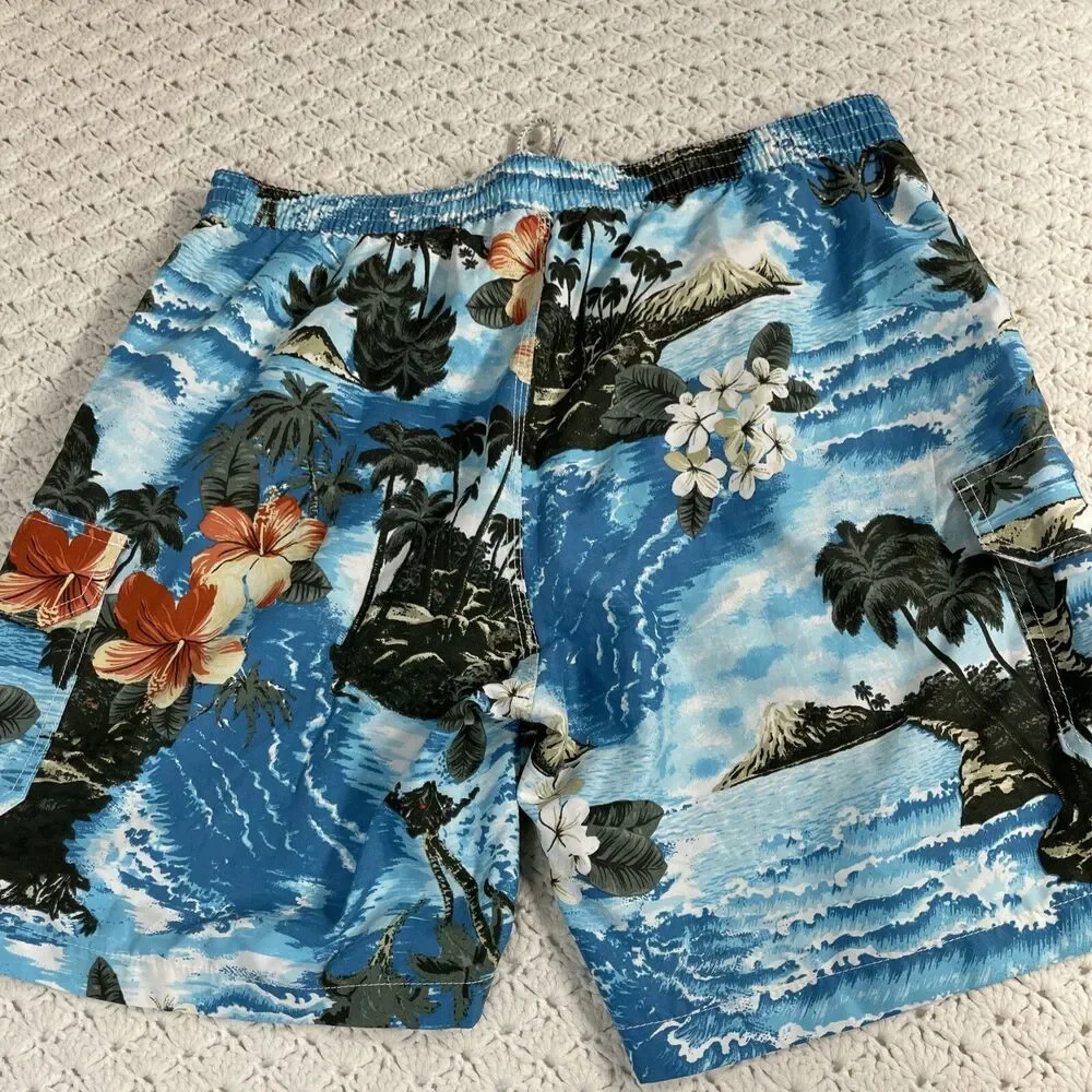 Caribbean Swim Trunks Mens L Mesh Lined Bathing Board Shorts Tropical Palm Trees